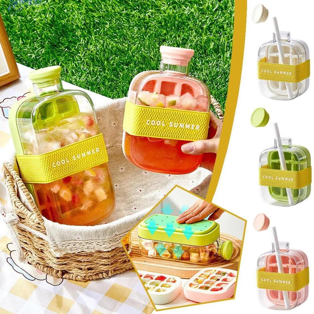 Zayyanun ®2 in 1   Ice Cube Tray with Lid &  Touch-Free Ice Cube Bottle with Straw